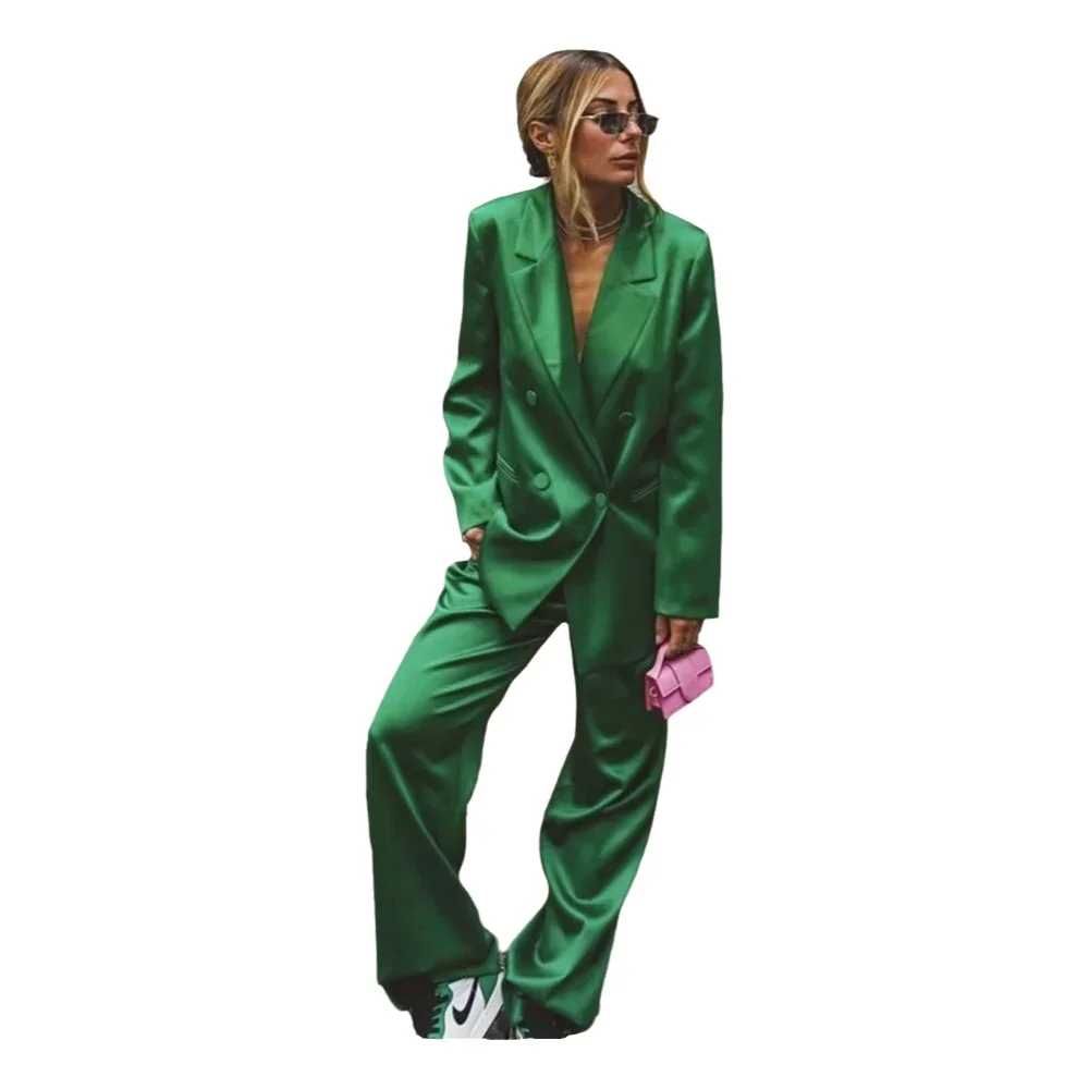 Costume décontracté en Satin pour femme, Double boutonnage, revers à pointe, ensemble 2 pièces Blazer + pantalon, ensembles de fête formelle, vêtements personnalisés pour dame de bureau