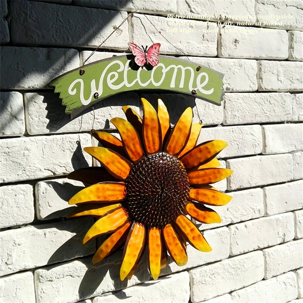 

Welcome Sign Party Garden Outdoor Pastoral Iron Sunflower Door Hanging Retro Craft Wall Art Painting Shop Home Decor Indoor