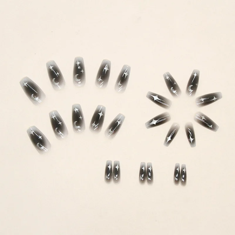 24pcs Star Moon y2k Fake Nails Press On Long Coffin Nails Wearable Black Gradient False Nails With Designs Full Cover Nail Tips