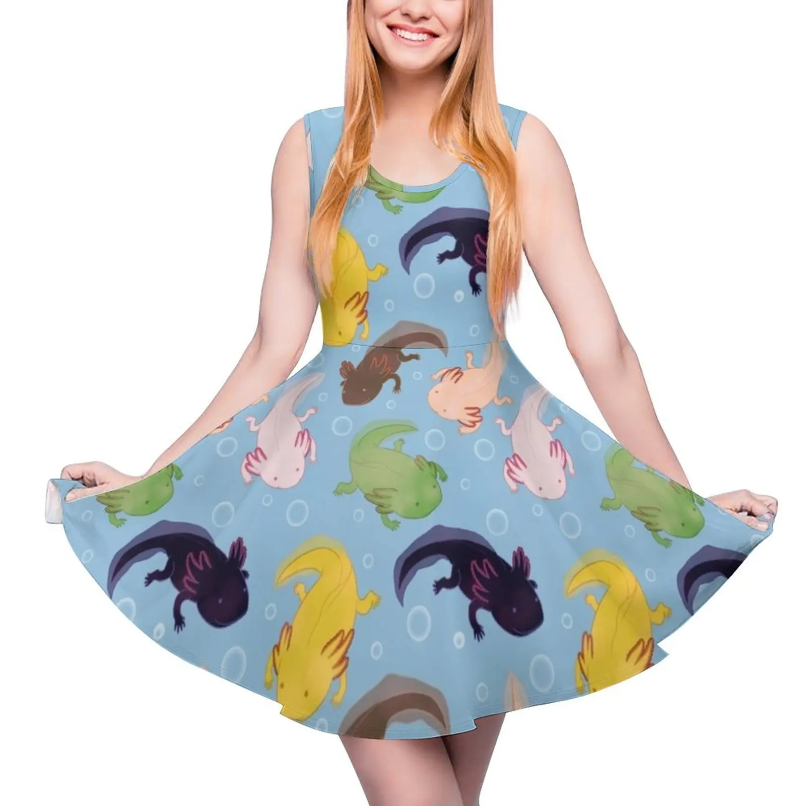 Vestido sem mangas padrão Axolotl feminino, vestidos de verão