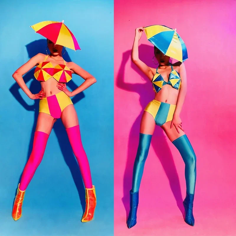 

New Pole Dance Clothes Neon Color Umbrella Headdress Nightclub Gogo Dancer Sexy Stage Bikini Suit Halloween Costumes DWY6055