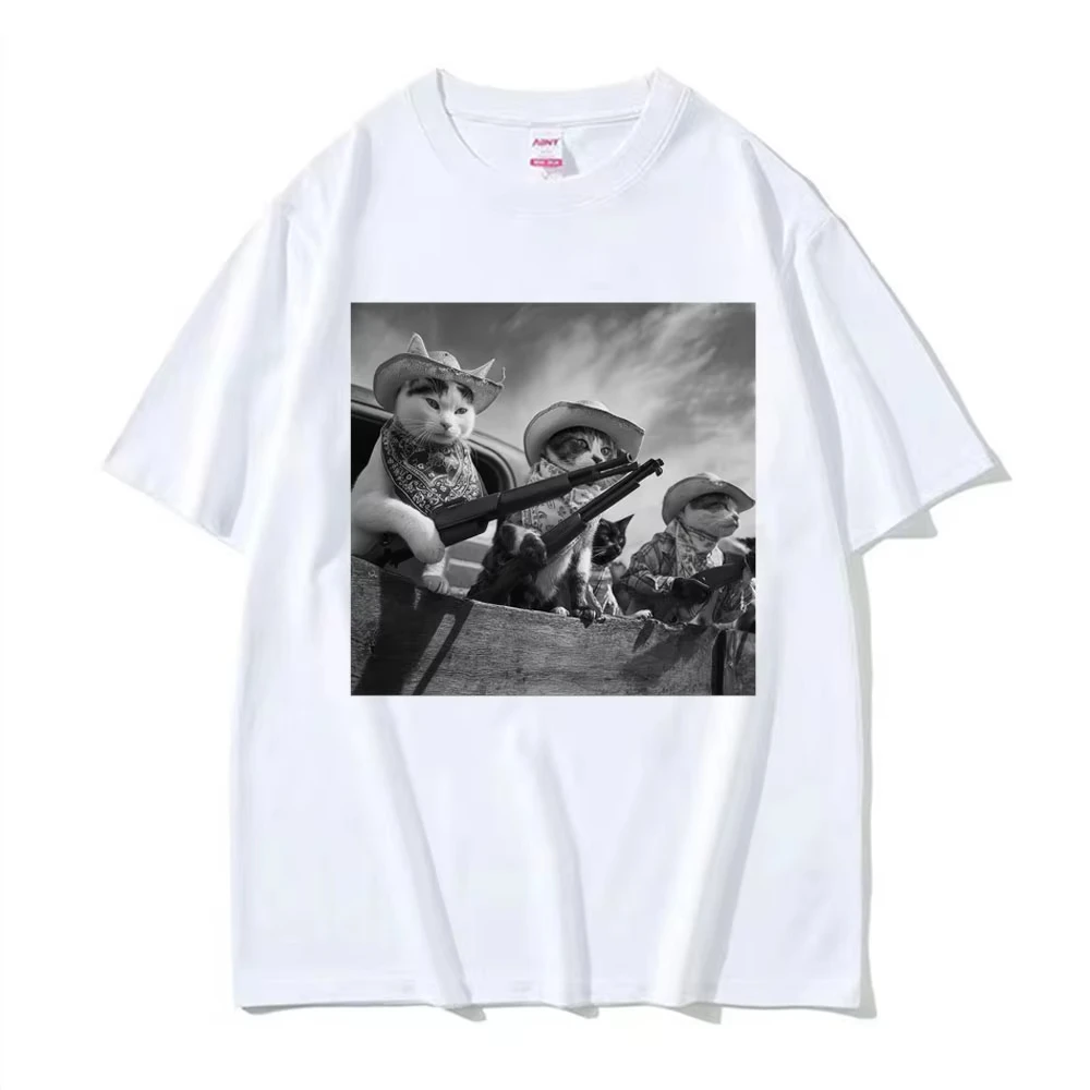 Camiseta Harajuku clásica Neutral de alta calidad para mujer, camiseta divertida de gato de Color cómodo, camiseta Retro de vaquero Westem divertida para entusiastas de los gatos