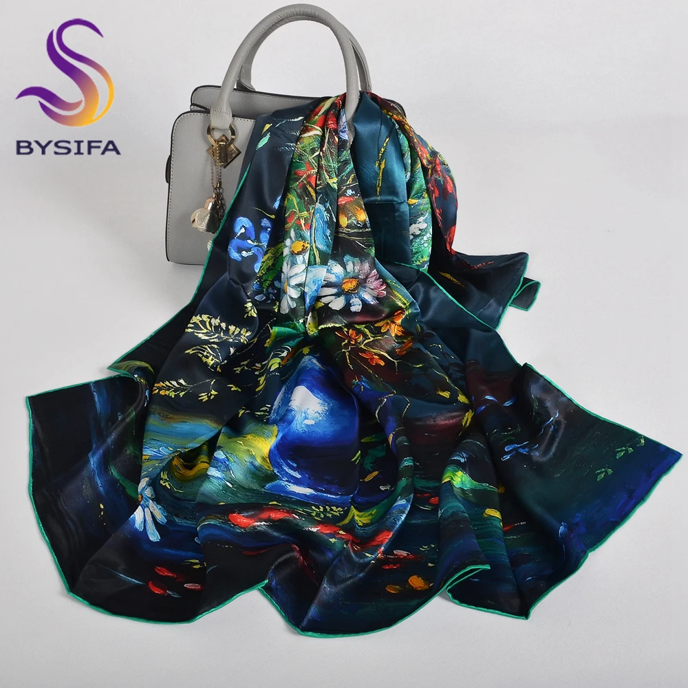 BYSIFA | Nowy niebieski zielony 100% jedwabny szal szalik kobiety moda kwiatowy wzór szaliki hidżaby marka akcesoria szalik Wrap Cape 110*110