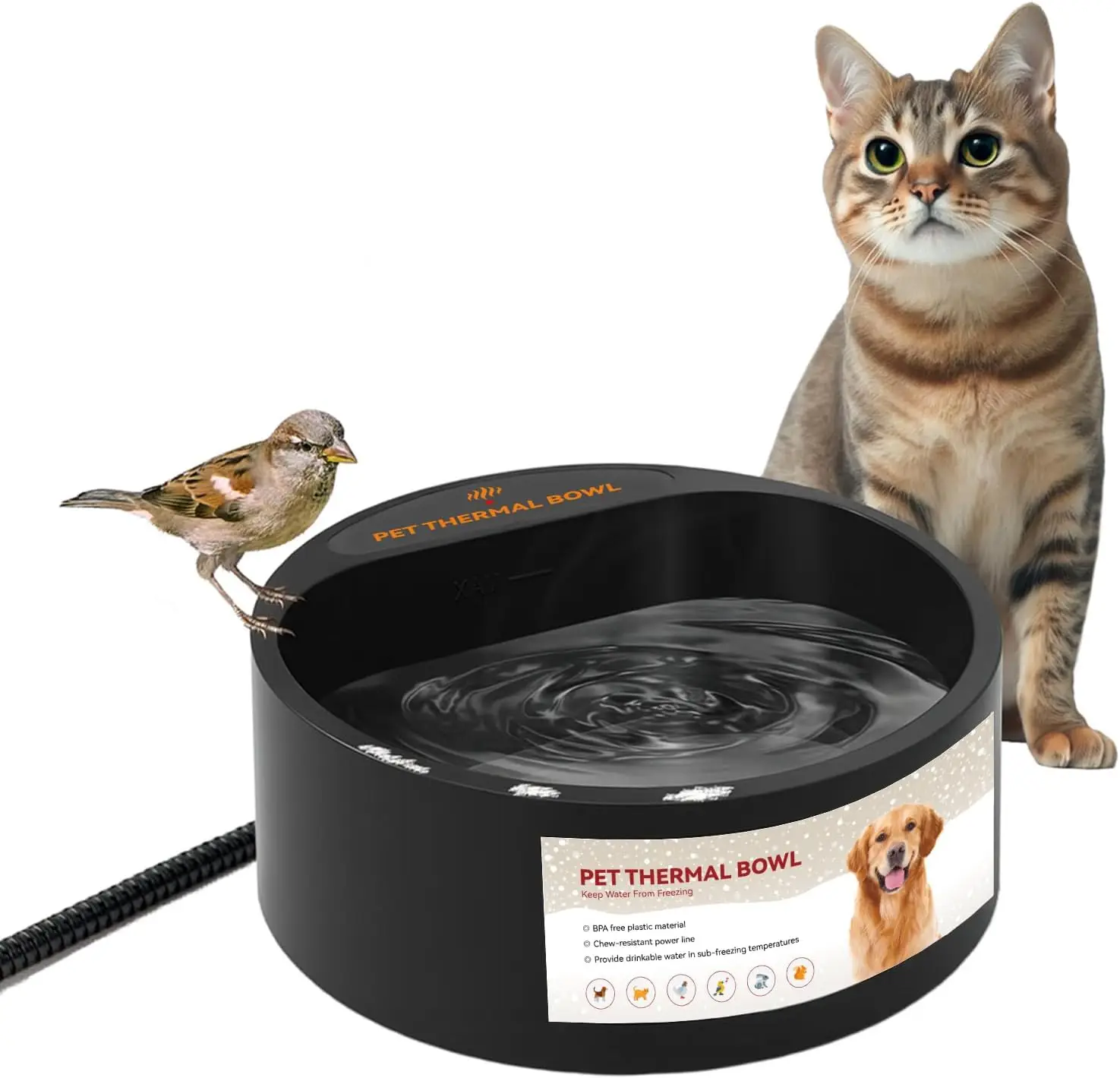 

Outdoor Heated Water Bowl 2.2L for Dogs Cats, Anti-Bite Wire, Smart Thermal Pet Water Dish, Black