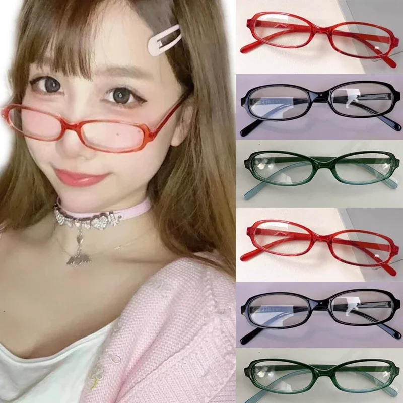 Women Retro Oval Glasses Y2K Japanese and Korean Girls Red Green Frame Glass Eyewear Decorative Computer Anti-blue Eyeglasses