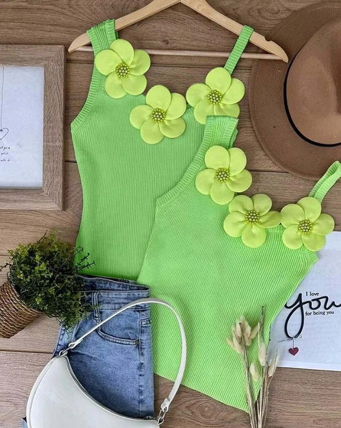 Chaleco con estampado Floral para mujer, camiseta sin mangas de punto con cuentas de retales, cuello asimétrico, tirantes ajustados para vacaciones,