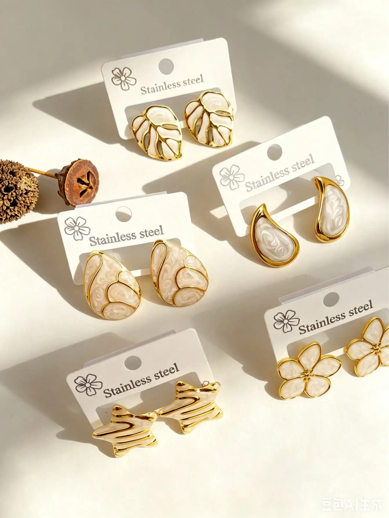 5 Pairs Stainless Steel Gold Plated Enamel Stud Earrings Set for Women, Flower Leaf Star Teardrop Jewelry Gift