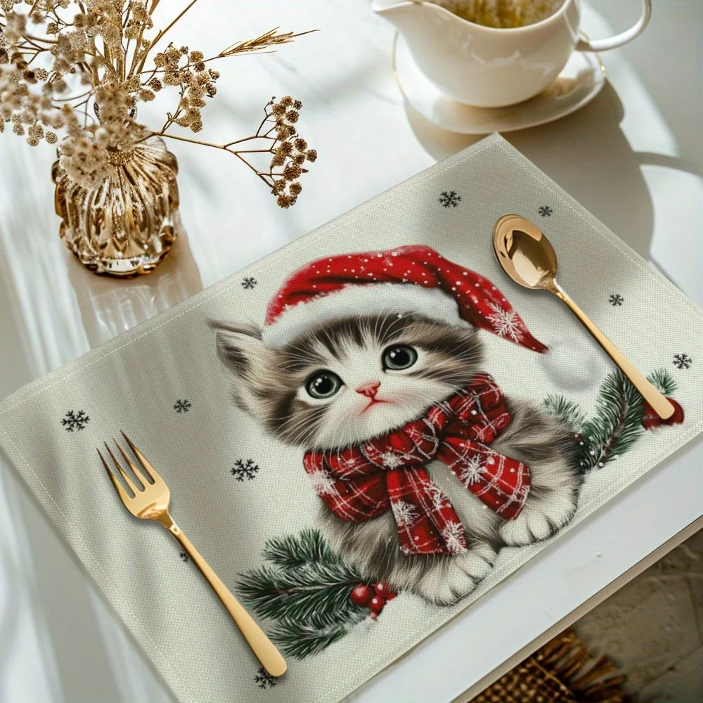 Country Style Christmas Linen Placemat Winter Pine Berry Pattern Heat‑Resistant Table Mat for Household Dining Table Xmas