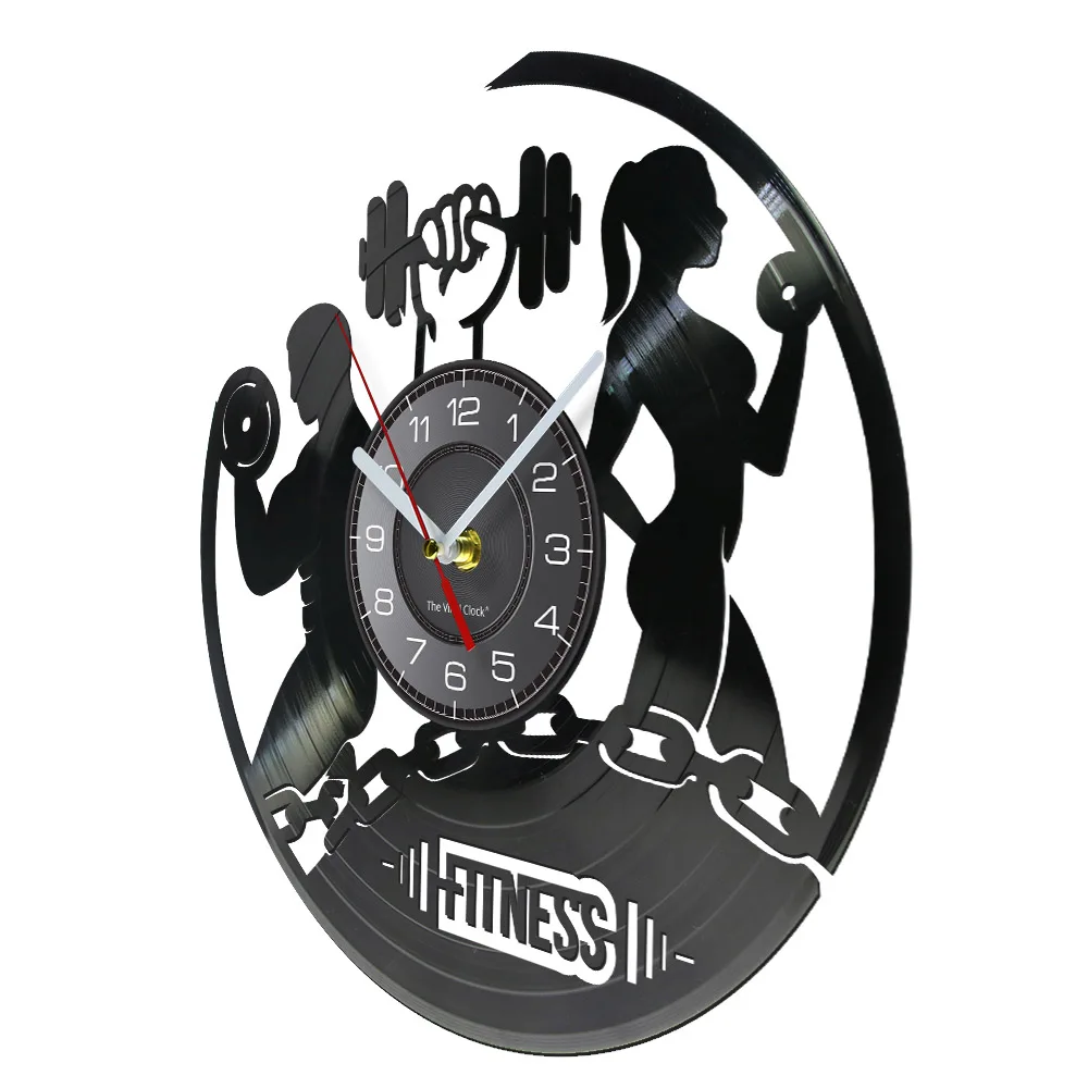 Fitness Vinyl Record Clock Sport Body Health Handmade Sports GYM Wall Art Bodybuilding Room Decor Dumbbell Vintage LP Wall Clock