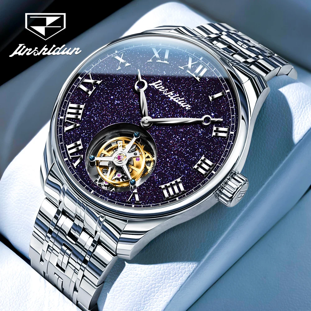 Jsdun tourbillon uhr für männer sternen himmel leuchtendes skelett automatische mechanische armbanduhr saphirglas kleid herren uhr
