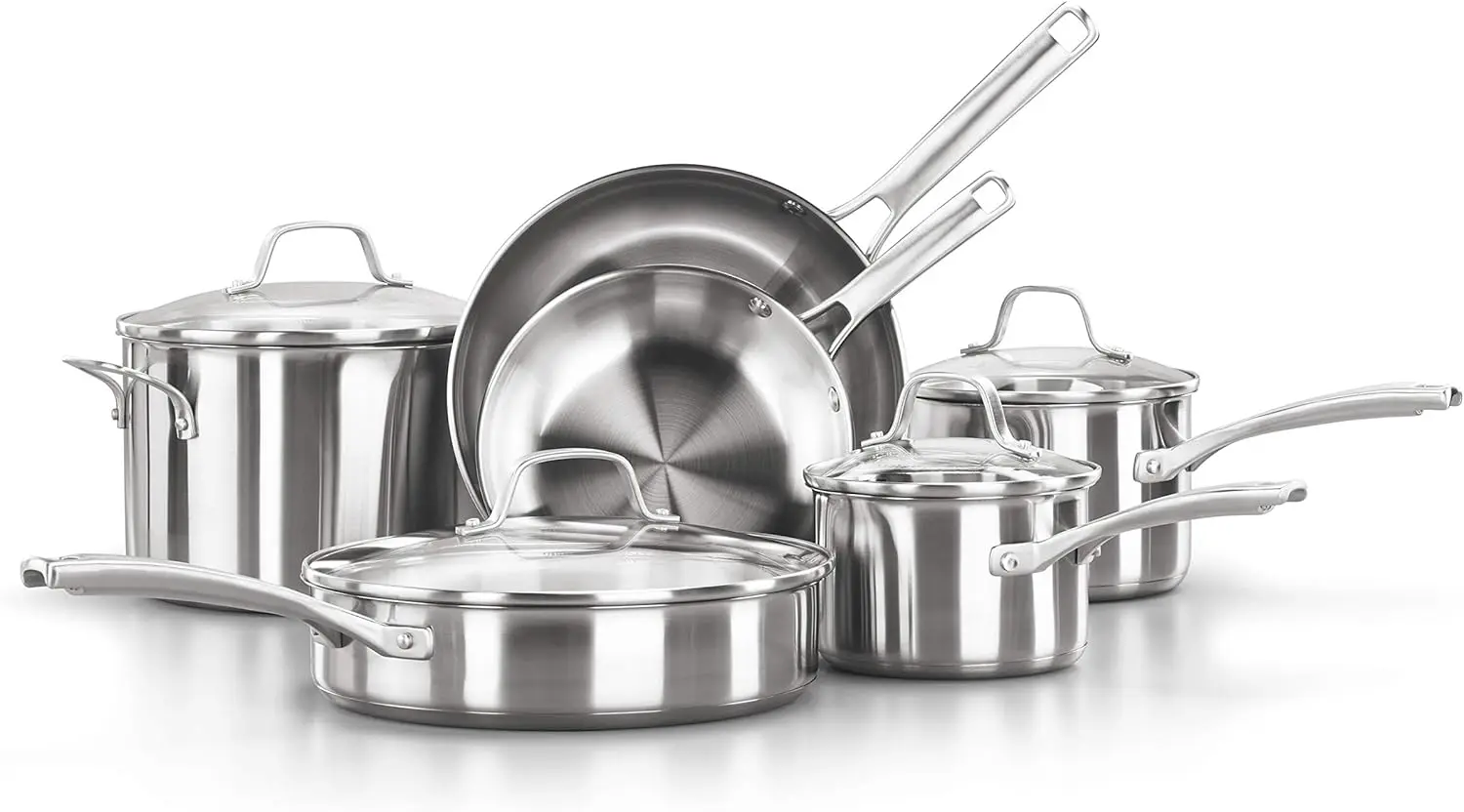 Classic™ Stainless Steel 10-Piece Cookware Set，Impact-bonded aluminum base distributes heat evenly, for exceptional