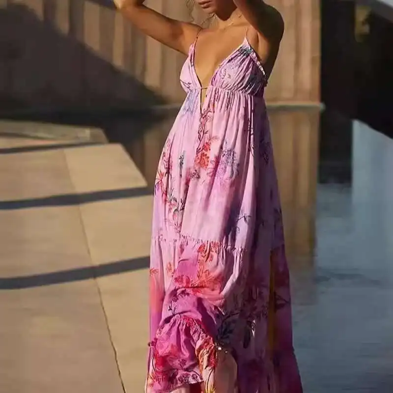 Summer Sleeveless Loose Pleated Long Sexy V Neck High Waisted Bohemian New Beach Vacation Floral Print Women's Dress