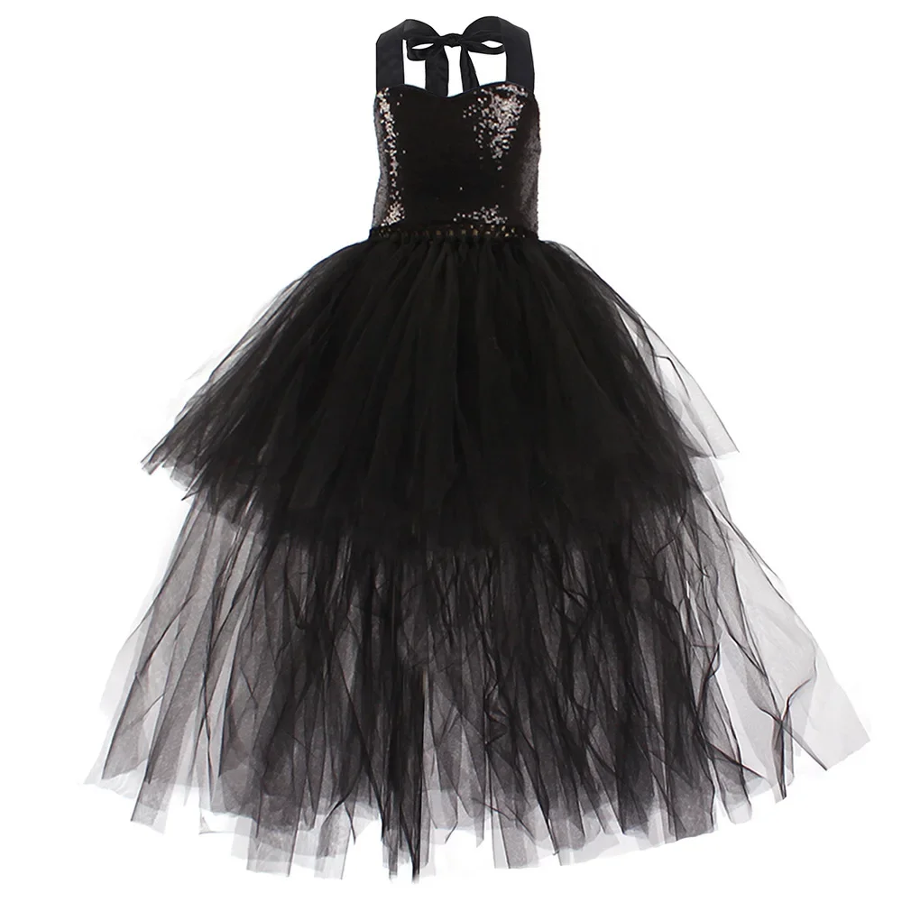 Sukienki na Halloween dla dziewczynek Siatkowa bufiasta sukienka Paw akapit Wakacyjna sukienka na występy Czarna cekinowa sukienka z tyłu