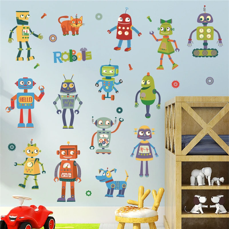 Funny Animals Robots Pattern Wall Sticker For Kids Room Bedroom Home Decoration Diy Cartoon Mural Art Pvc Decals Boys Posters