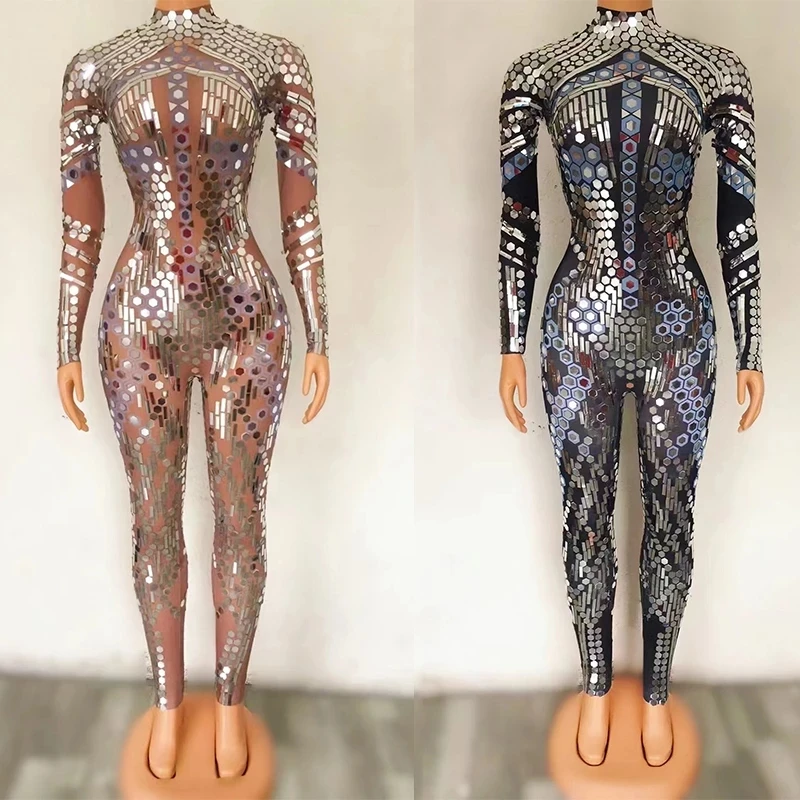 Spiegel Kostuums Sequin Zwarte Jumpsuit Diamond Een Stuk Broek Turnpakje Zanger Party Show Kostuum