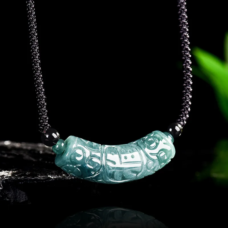 Authentic Natural A-Grade Jadeite Blue Water Lucky Character Curved Strip Carved Flower Pendant Ice Type Jade Men's Accessory