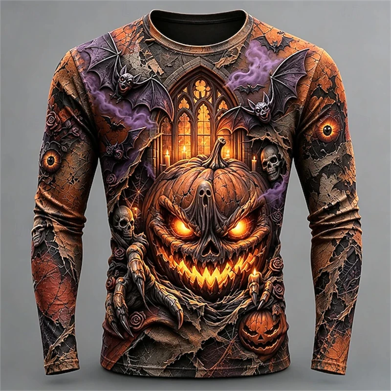Men's Autumn Halloween Long-Sleeve T-Shirt 3D Pumpkin Bat and Skull Print Loose Fit Gothic-Style Crew Neck Casual Party Top