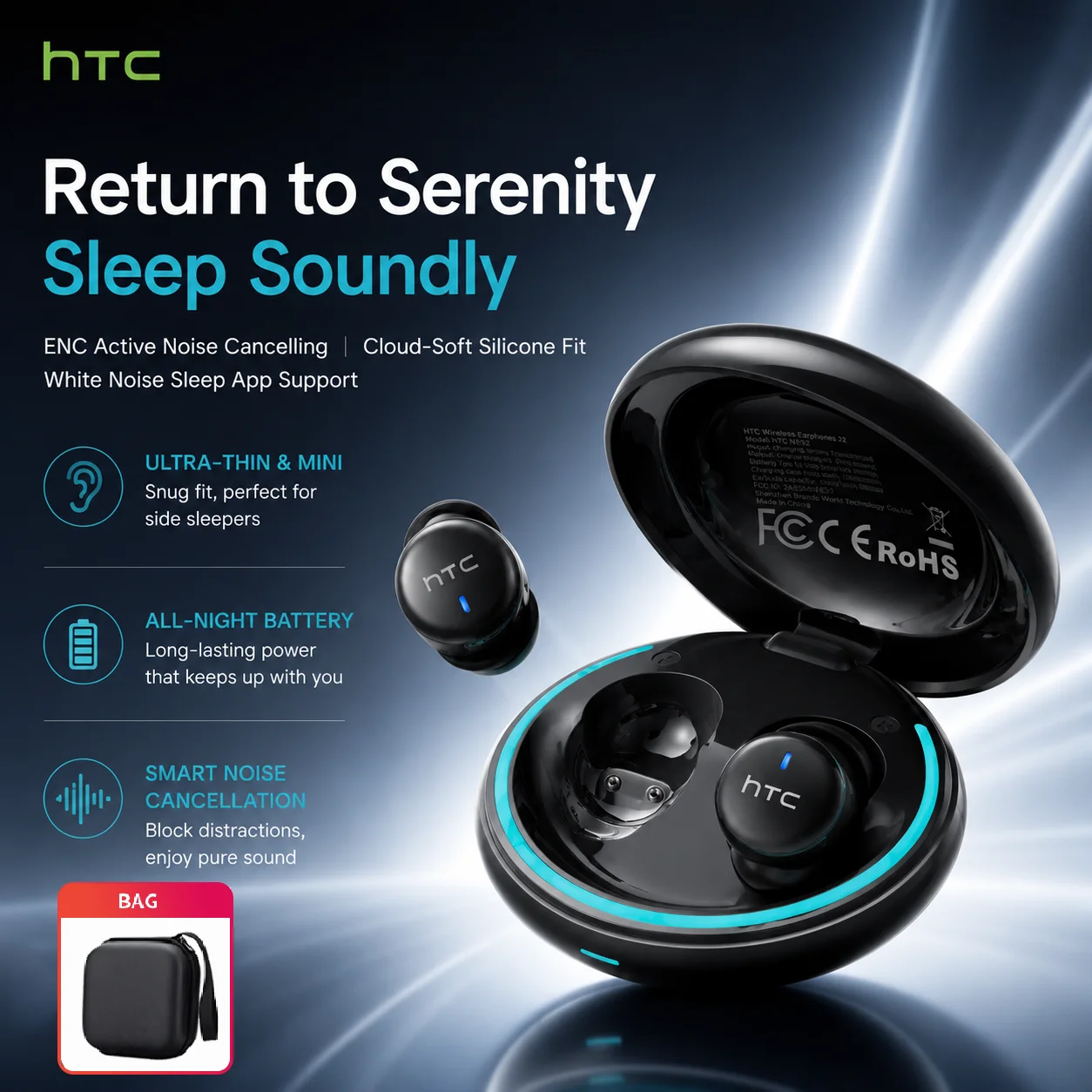 HTC NE92 Sleep Bluetooth Earphones TWS Wireless Headphones for Side-sleep; Triple Noise Cancellation Mini Sleep Earbuds with Mic