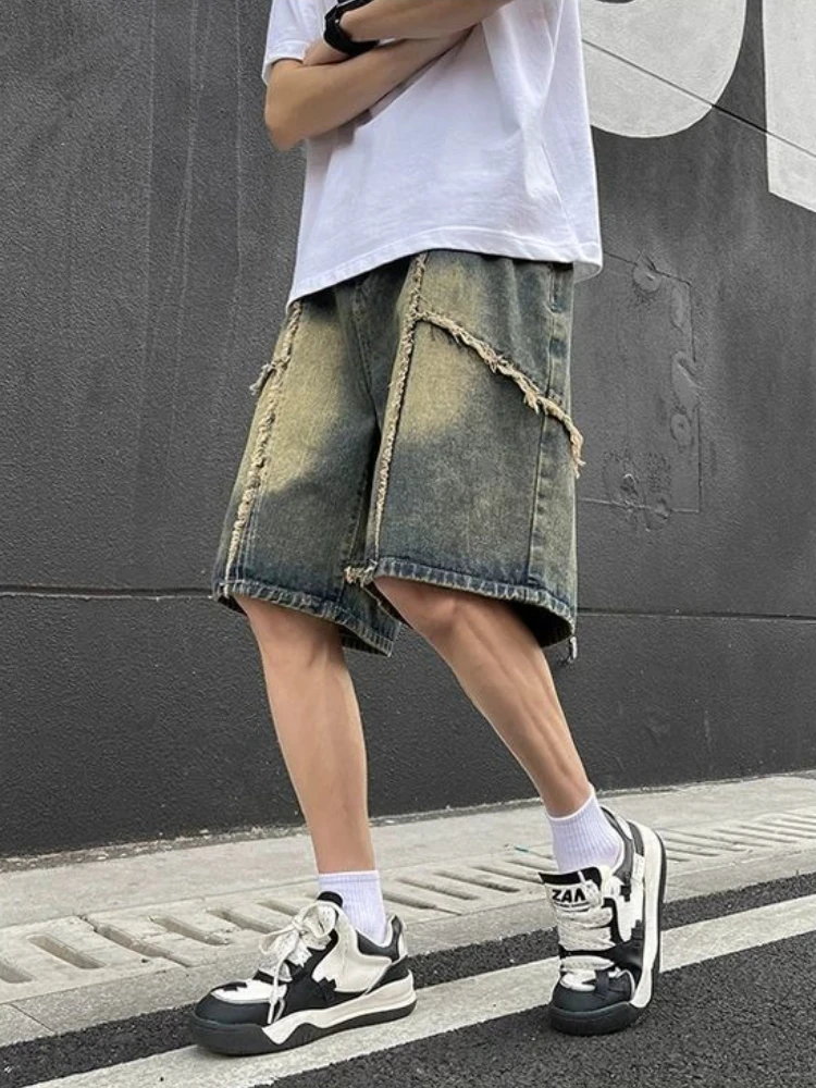 

Youth High Street Vibe Men's Edgy Denim Shorts Loose Fit Straight Cut Mid-Length for 2025 Summer American Style
