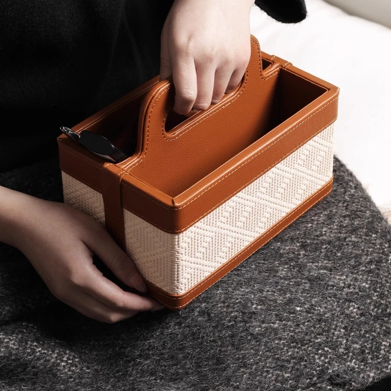 

‌‌Boho Woven Storage Basket with Handles, Remote Control Organizer Box, Multifunctional Ottoman Tray for Living Room Decor
