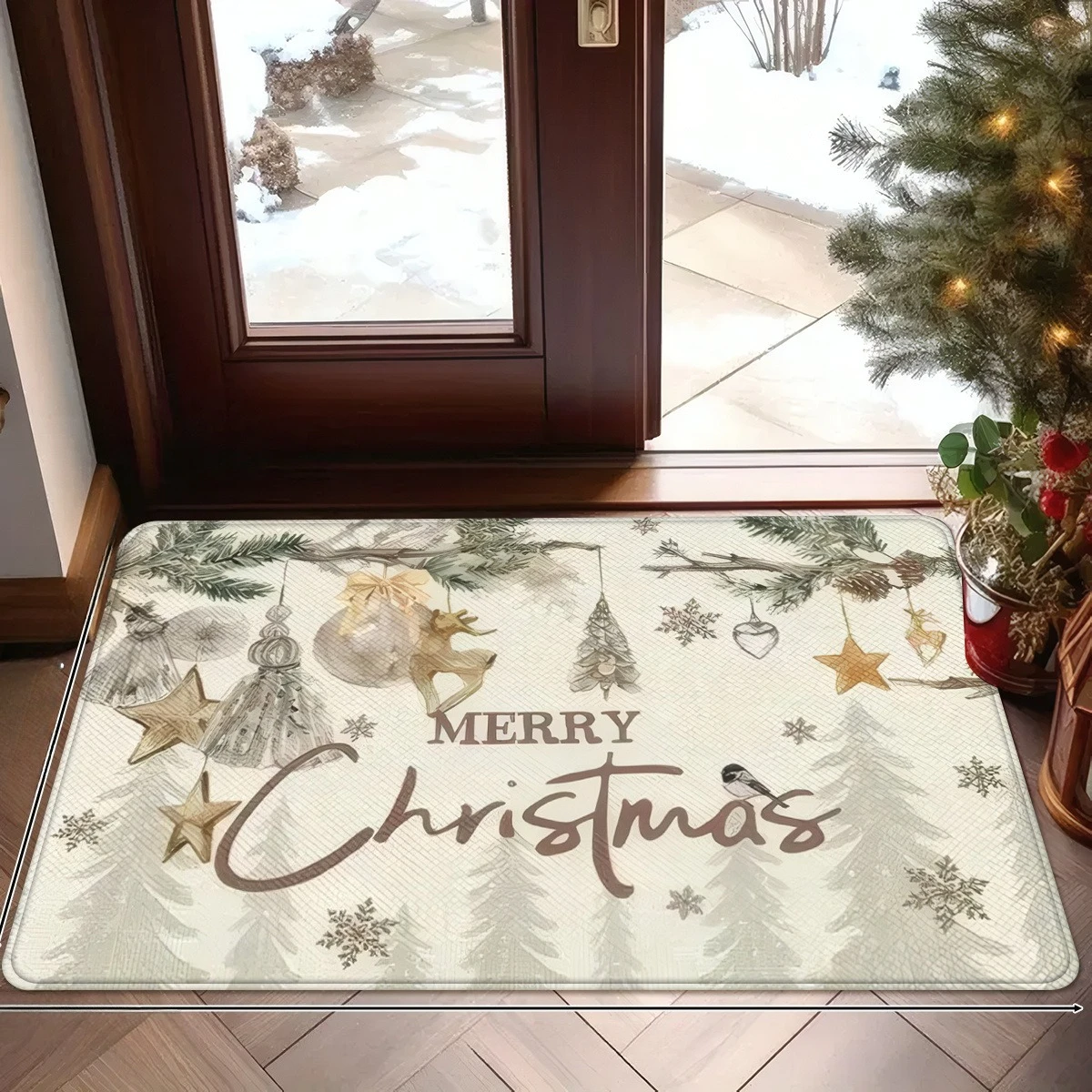 Wood Grain Christmas Entry Rug Cute Pet Paw Xmas Light Reindeer Antler Santa Hat Printed Doormat for Indoor Porch Decor