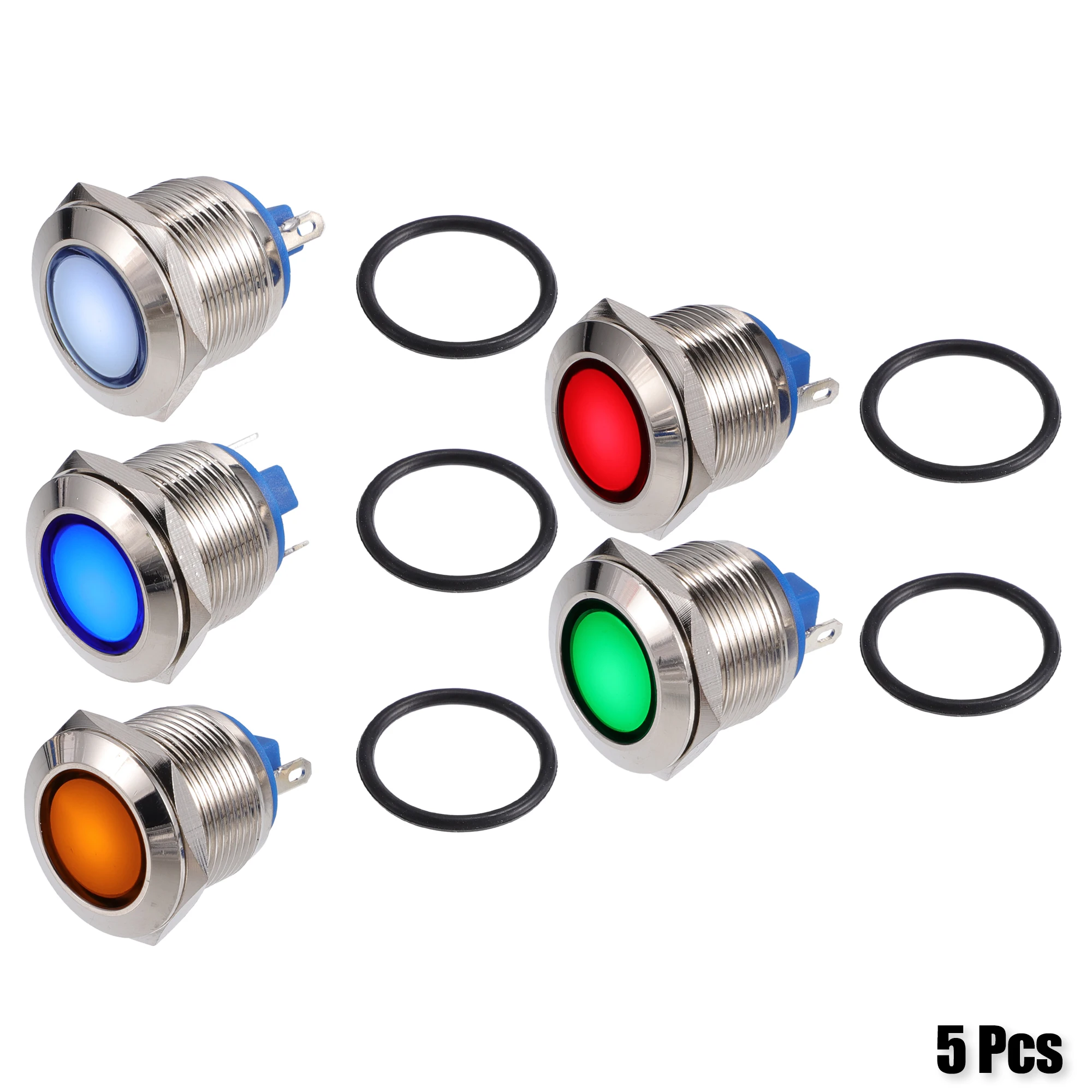 UXCELL 5Pcs LED Indicator Light 19mm 12V AC DC Metal Shell Waterproof Pilot Dash Signal Lamp for Car Truck Internal Multicolored