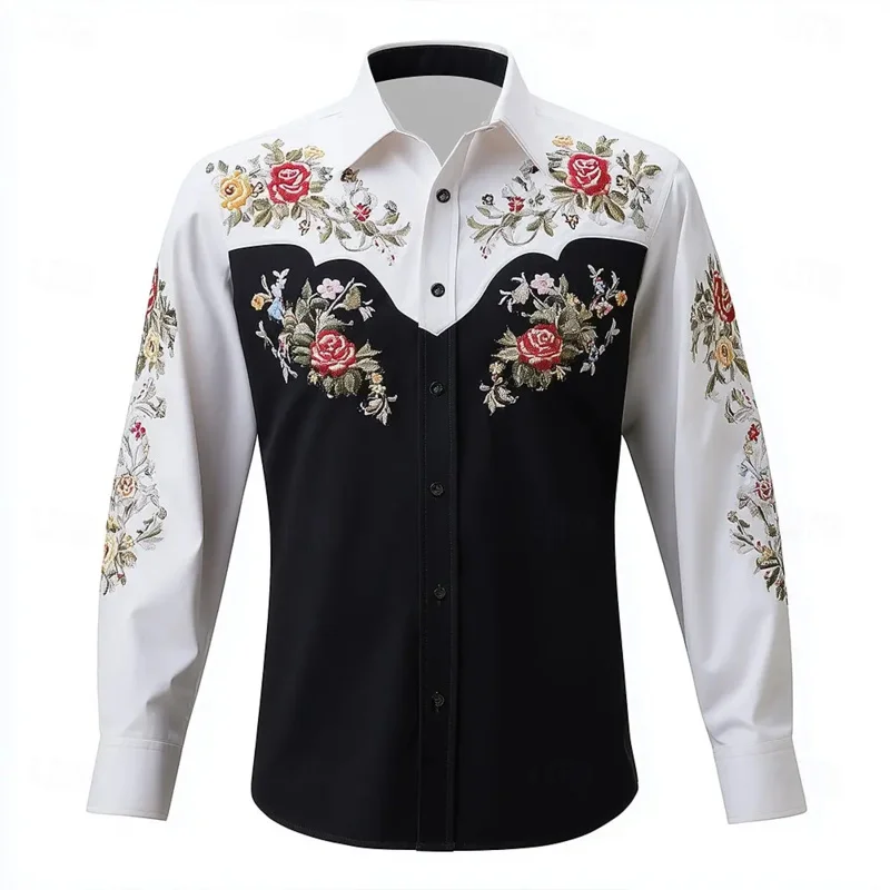 Kemeja Pria Lengan Panjang 2025 Motif Bunga Gaya Koboi Barat Pakaian Jalanan Musim Gugur Kasual Nyaman Bahan Poliester Slim Fit