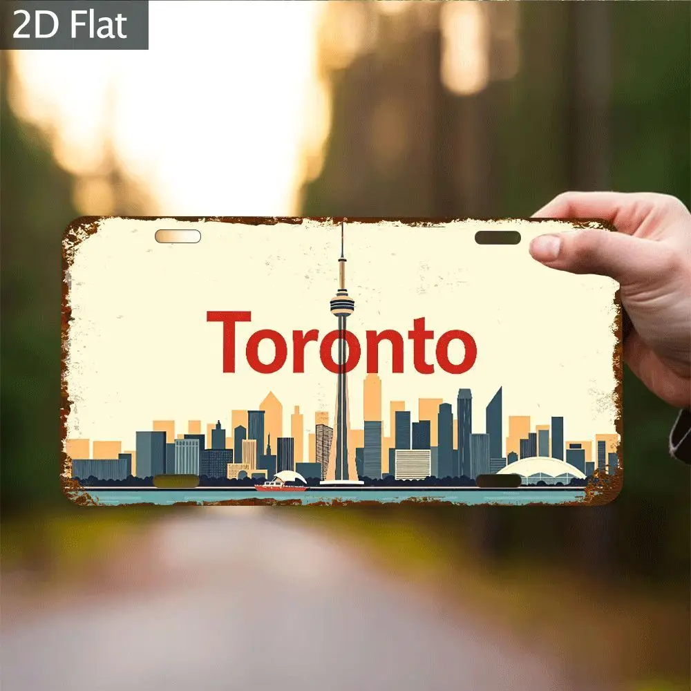 2D Flat - Open : 2D Flat 1pc, Decorative Plaque, Vintage Toronto Skyline Metal Wall Sign - 12X6 Inches Rustic Style CN Tower Des