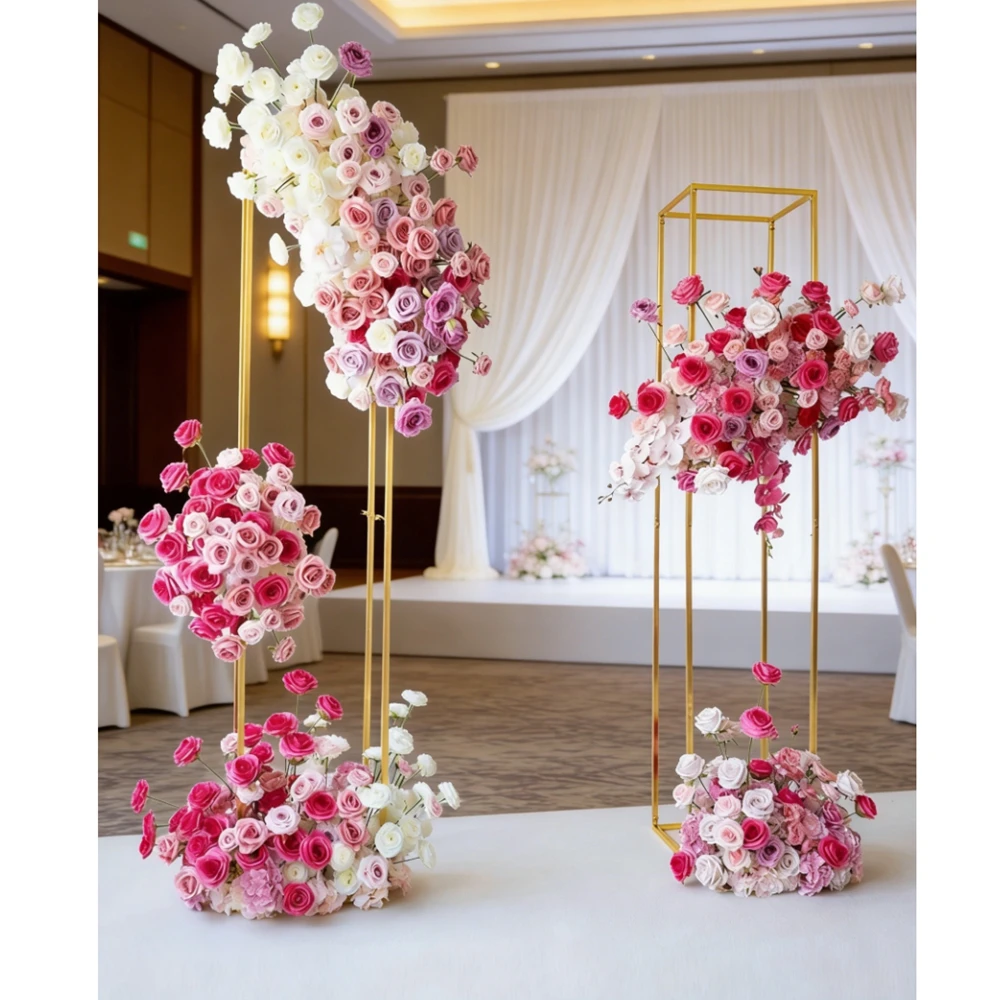 2pcs f30Gold Geometric Wedding Arch Backdrop Stand Kit Glittering Floral Arrangement Frame for Outdoor Garden Party