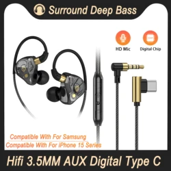 USB Type C in-Ear Headset Wired Earphones For iPhone 15 Pro Max Samsung Android HiFi Bass Stereo Games With Mic 3.5MM Headphones