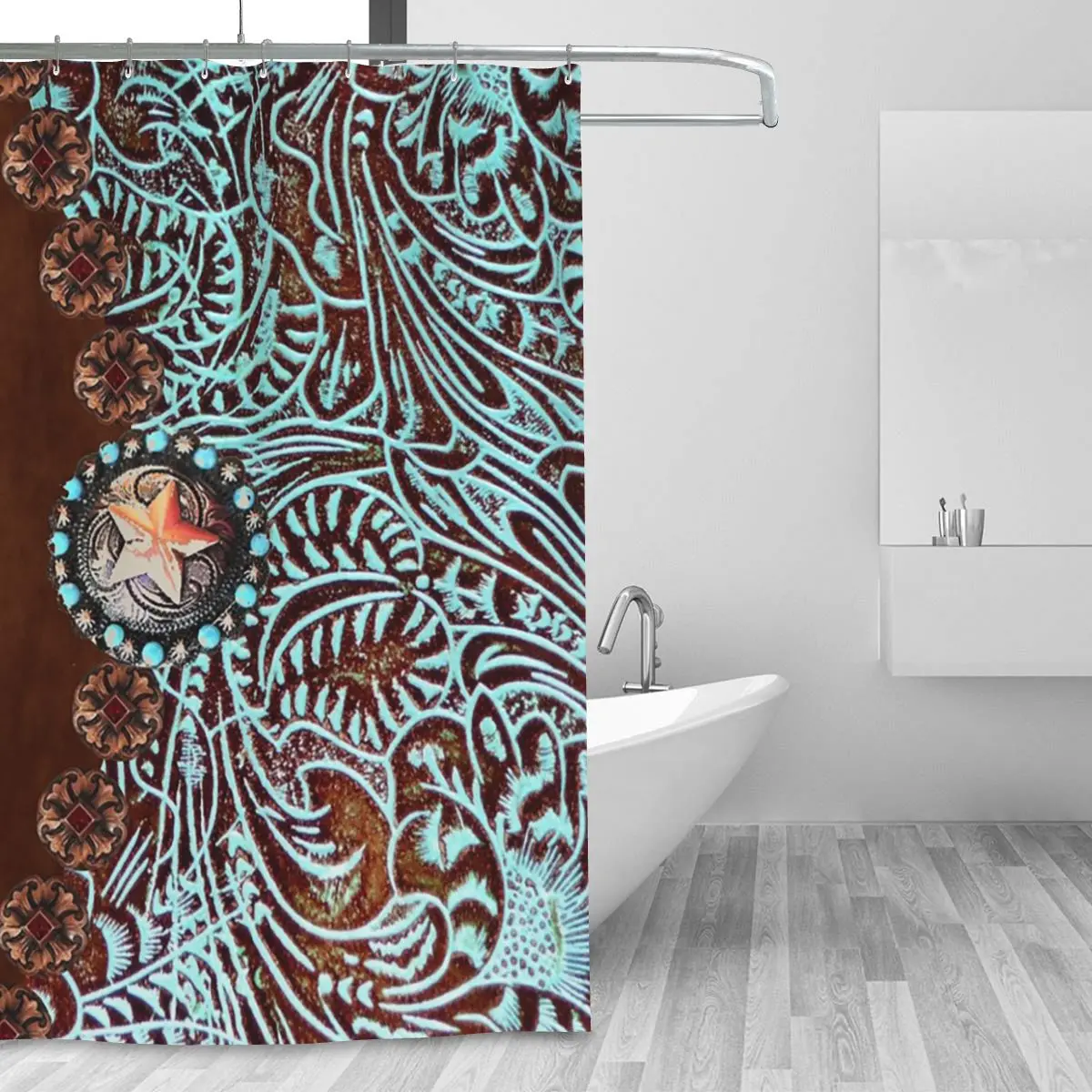 Primitive Cowboy Cowgirl Western Country Brown Turquoise Shower Curtain Bathroom Polyester Waterproof Bath Curtains with Hooks