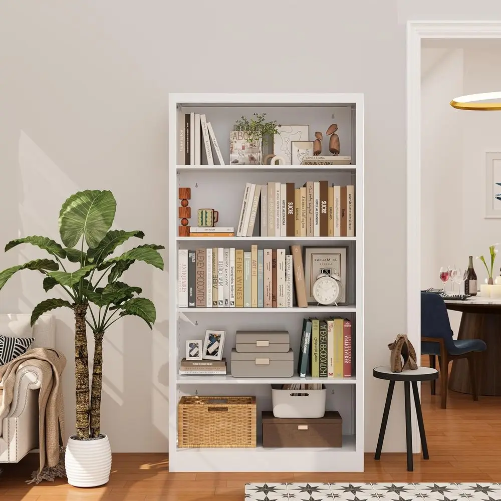 

5-Tier White Metal Bookshelf with Adjustable Shelves for Home and Office Storage
