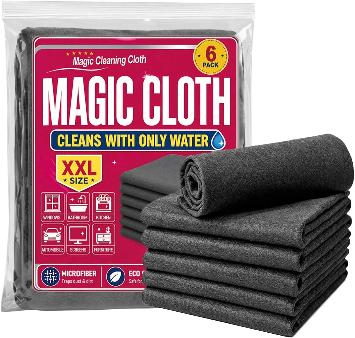 6 Stück Genie Cloth Magische Tücher, Mikrofaser-Reinigungstücher, Wiederverwendbare Reinigungstücher für Glas, Fenster, Spiegel, Autoscheiben, Küche – Detail 1