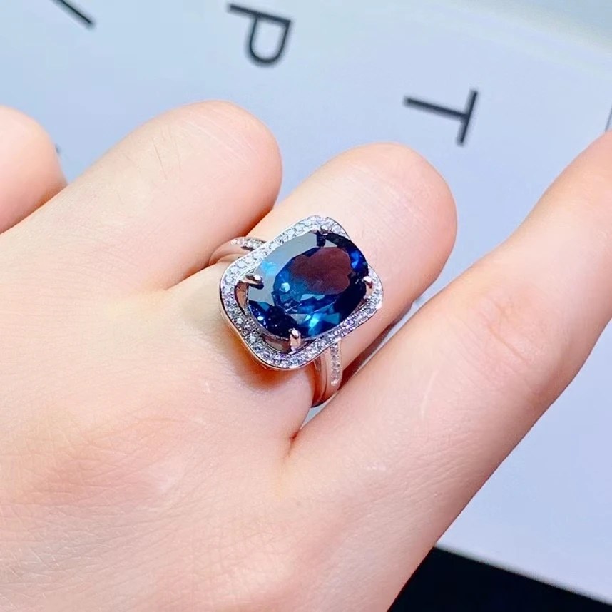 Deep Blue Topaz Ring for Party 10mm*14mm 6ct Natural Topaz 925 Silver Jewelry Solid 925 Sterling Silver Gemstone Ring for Woman