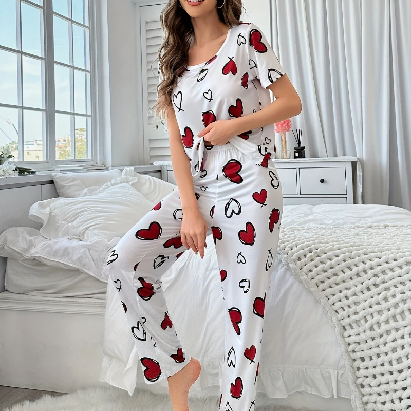 Heart Print Women 2Pcs Sleepwear Short Sleeve Top Long Pants Casual Homewear Can Be Worn Out UPS Air,3-5Day Delivery