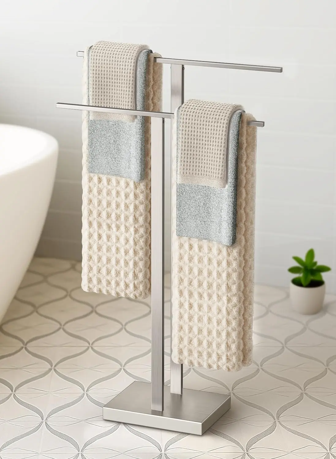 

Stainless Steel Towel Rack with Weighted Base, 2-Tier Floor Holder for Bathroom, No Drilling Required