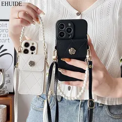 Fashion Phone Case For iPhone 17 15 14 13 12 11 16 Pro Max Plus Wallet Card Slot Flower Pearl Strap Cord Lanyard Bumper Cover