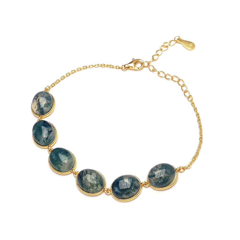 Trendy Natural Blue Moonstone Bracelets Sterling 925 Silver Moss Agate 8*10mm Fine Jewelry for Women Wedding Birthday Party G