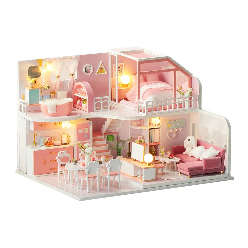 

DIY Doll House Miniature 3D Wooden Dollhouses Set Furniture Kit with LED & Dust Cover Toys for Children Gift Pink