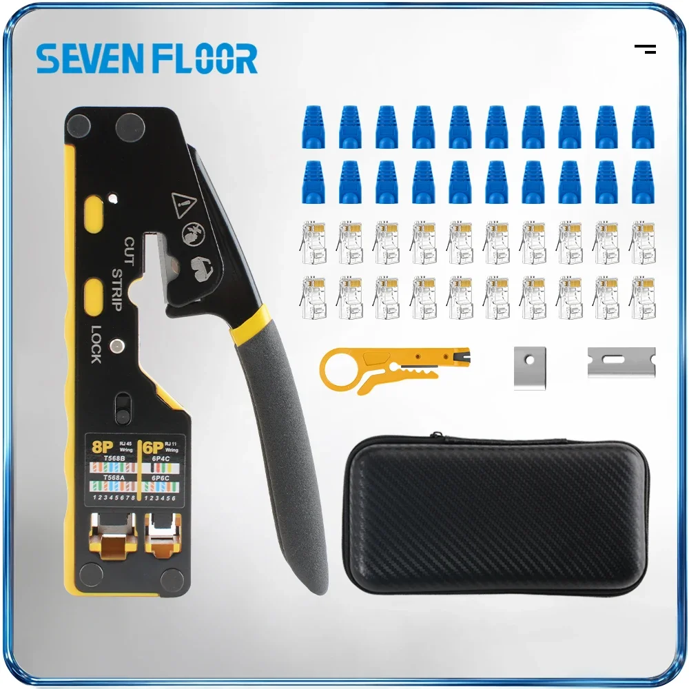 Cat6 Pass-Through RJ45 Crimp Tool Kit, 8P/6P Network Crimper Pliers, Wire Stripper 20Pcs RJ45 Connectors & Strain Relief Boots