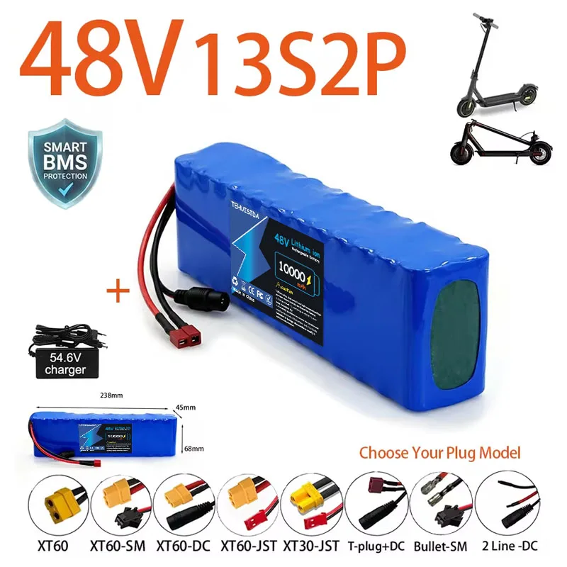 48V Electric Scooter Battery 13S2P 10Ah 18650 Lithium Pack for E-Bike Vehicle Motorcycle DIY BMS + 54.6V Charger