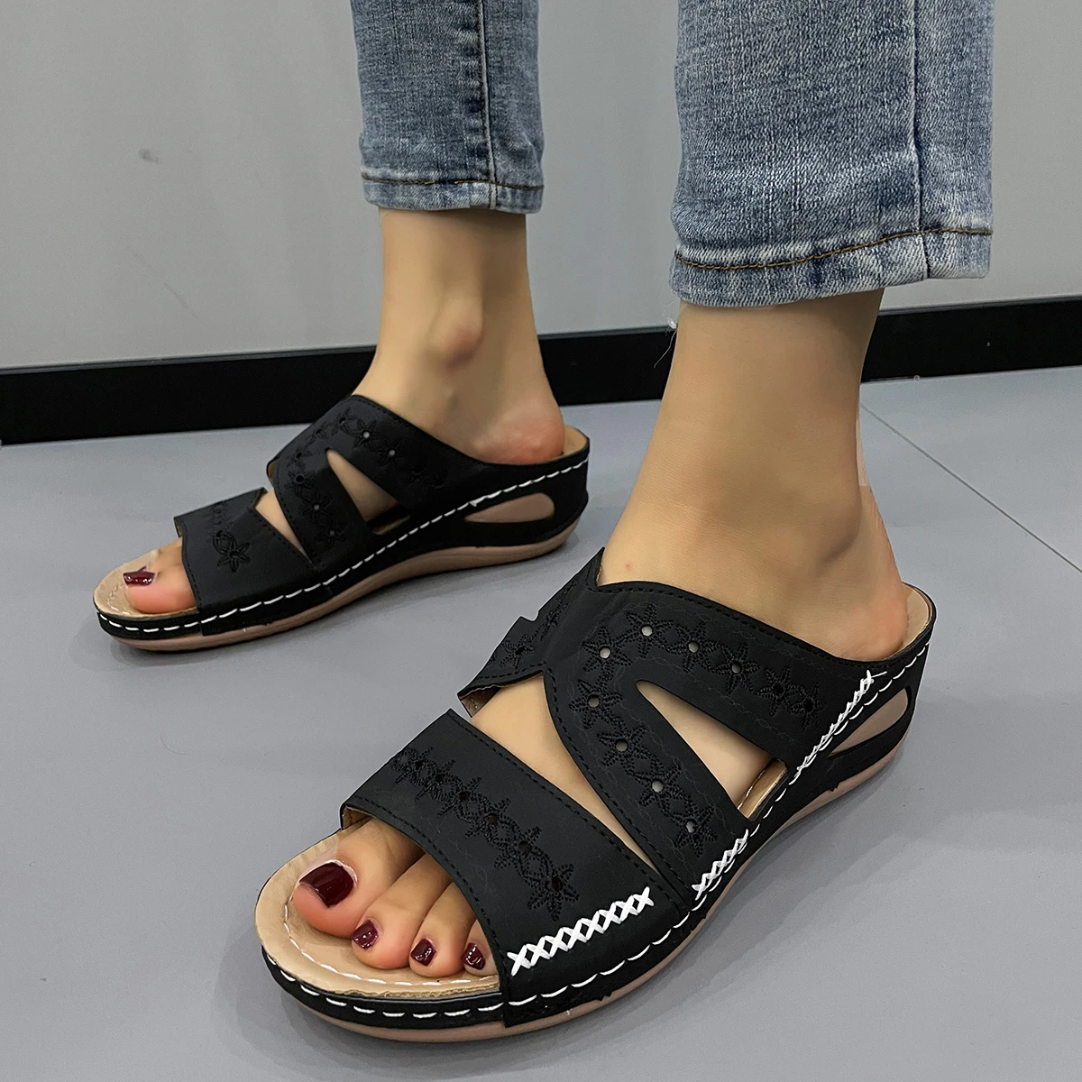 Summer Women's Wedge Heel Stitching Sandals Fish Mouth Thick Sole Hollow Foreign Trade Large Size Shoes Embroidered One Word Coo