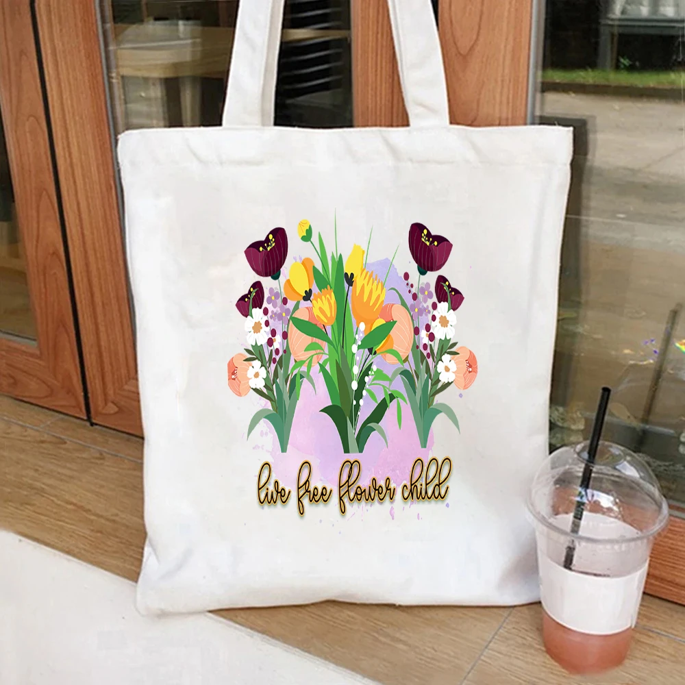 

Live Free Flower Child Bouquet Print Canvas Tote Bag Reusable Handbag For Nature Lovers Daily Shopping Use
