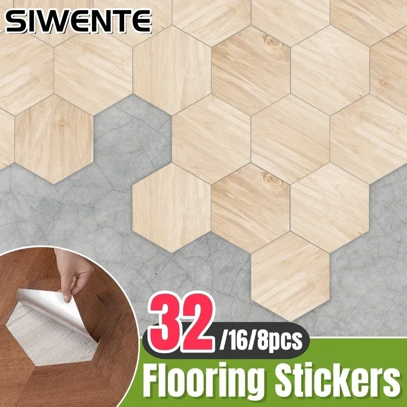 Wood Grain Texture Self-adhesive Flooring Stickers Hexagon Vinyl Floor Tiles Wall Stickers Kitchen Backsplash Bedroom Home Decor