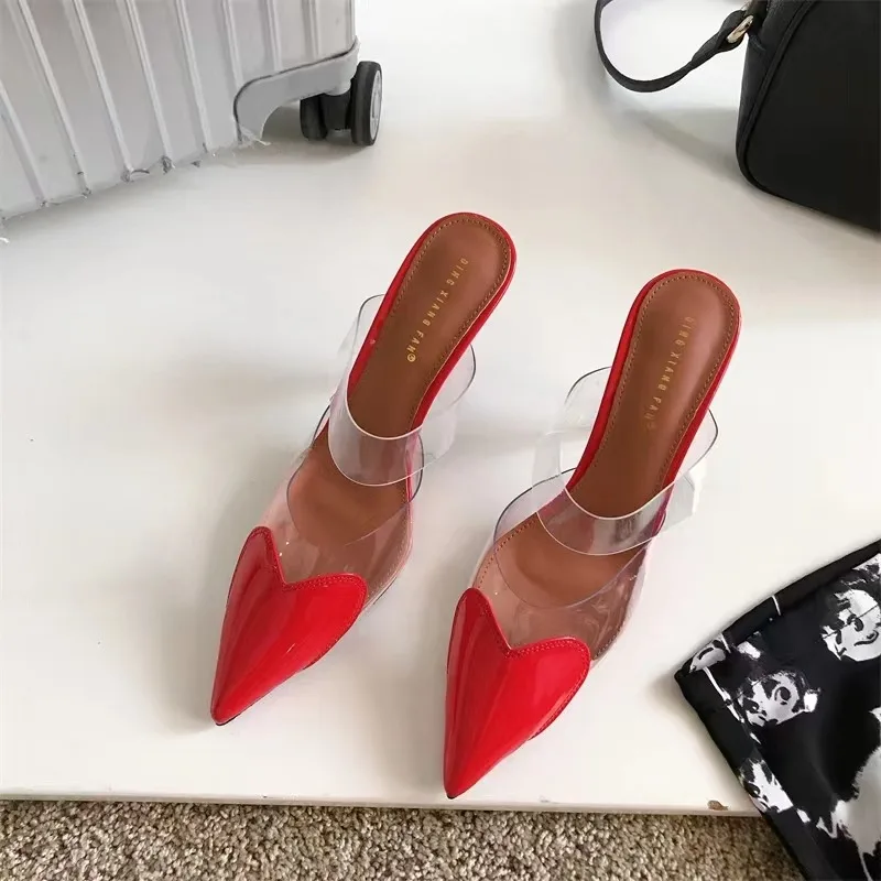 Women Patent Leather PVC Pumps Stiletto Sandals Pointed Toe Straps Heart Detailing At The Toes High Heel Slippers Wedding Shoes