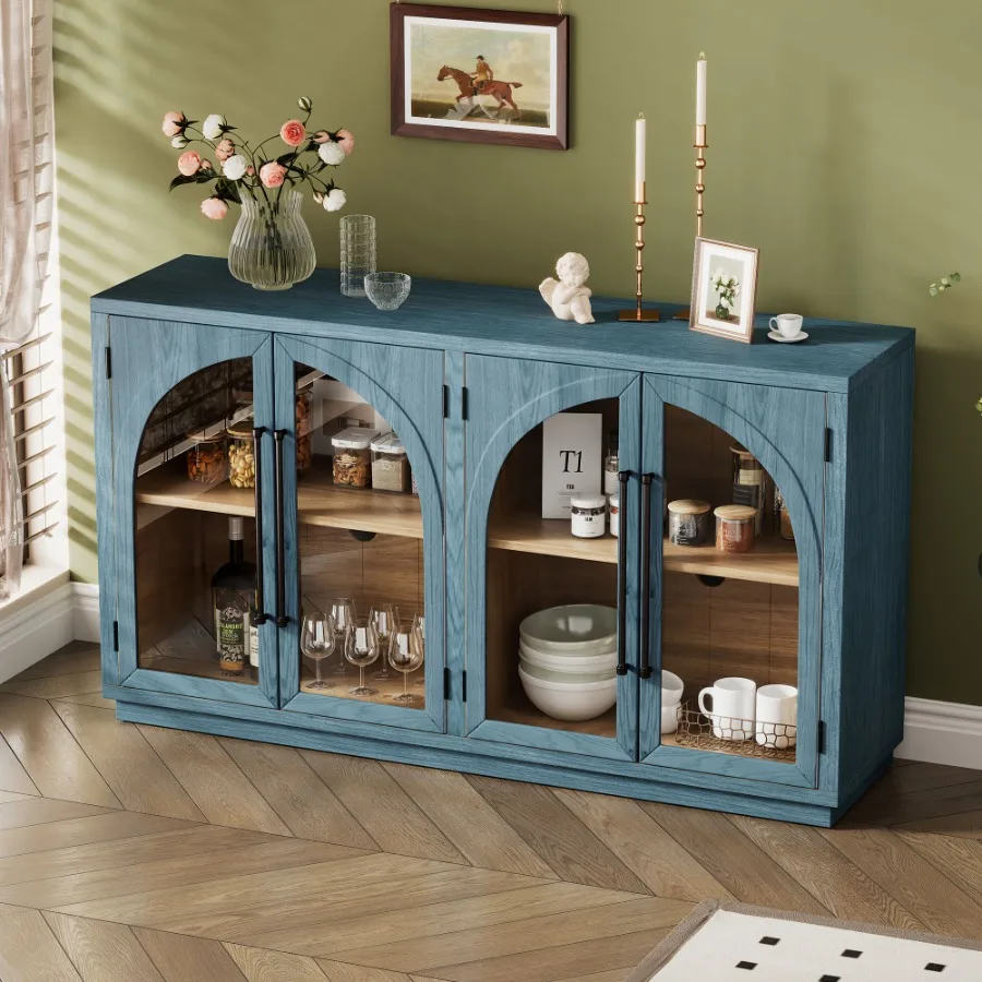4-deurs retro dressoir met grote opbergruimte, metalen handgrepen en verstelbare planken voor keuken, eetkamer en woonkamer