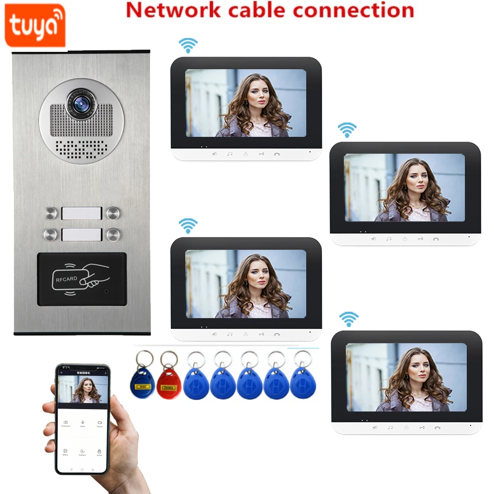 

Tuya 7" wifi Video Intercom Apartment Door Phone System 2~4 White Monitors RFID Access Door Camera for 2~ 4 Apartment Family