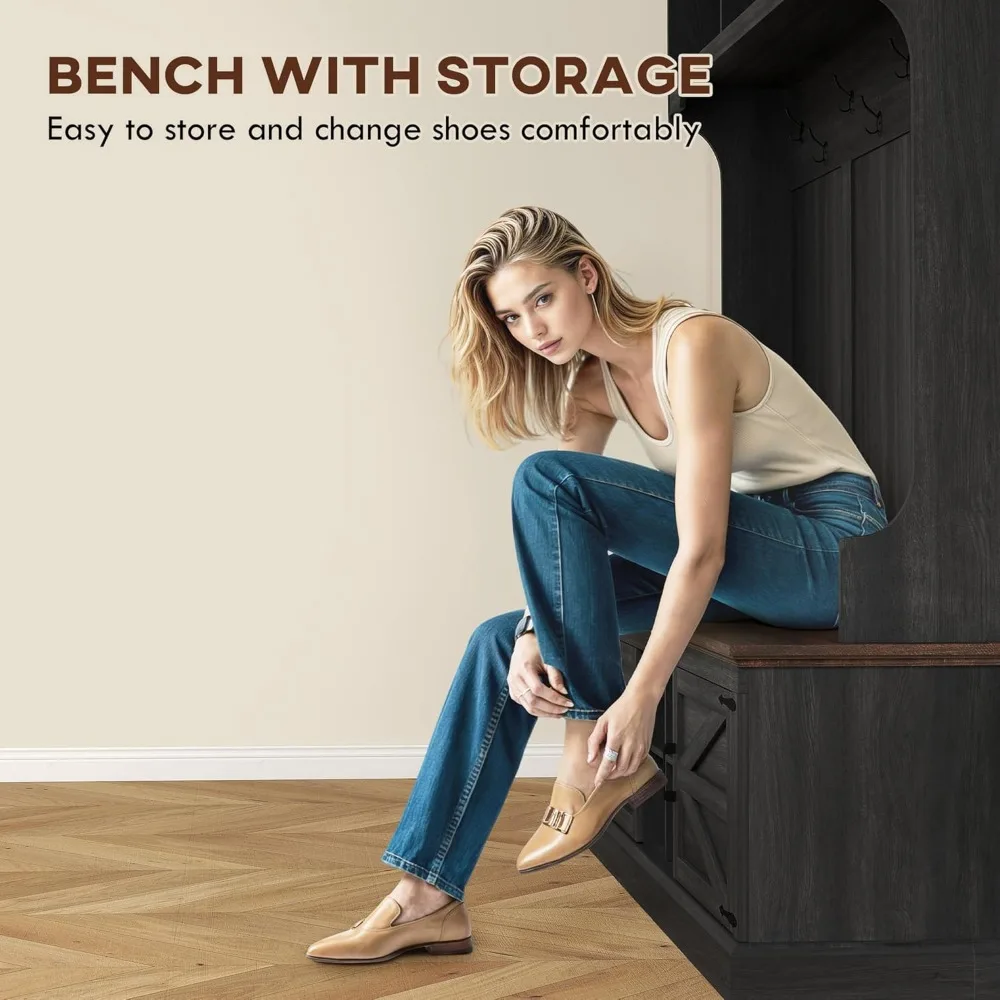 رف معطف المدخل على طراز المزرعة مع مقعد وتخزين، رف أحذية قائم بـ 7 خطافات لغرفة الطين، شجرة قاعة خشبية سوداء