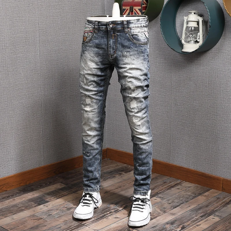 Fashion Trendy Men Jeans Retro Washed Gray Blue Elastic Stretch Slim Ripped Jeans Homme Vintage Patched Designer Denim Pants Men