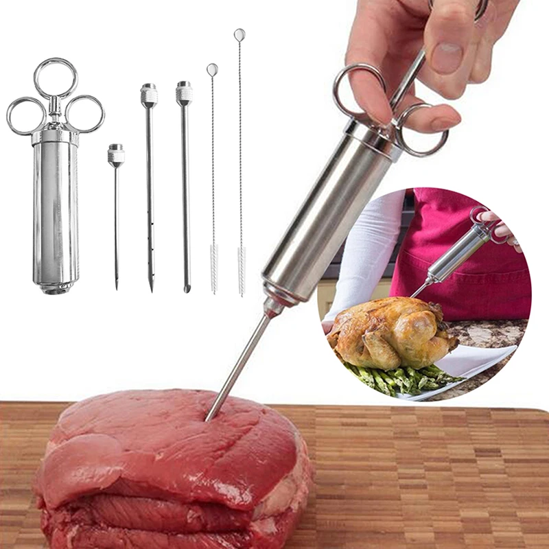 Stainless Steel Meat Marinade Injector Seasoning Turkey Steak Flavouring Injector Food Grade Cooking Syringe BBQ Tool with Brush